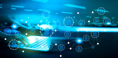 Cyber security concept protect information on internet network. Business scan keys unlock the screen...