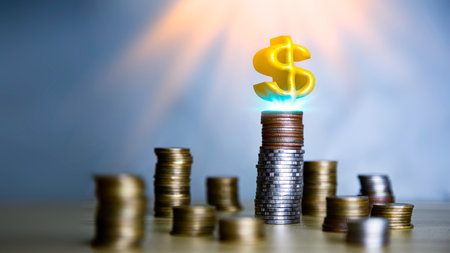 coin is placed as a graph showing the success of the income fund. Business success concept, wealth, investment, stock in the digital age. Digital transformation for next-generation technology.の写真素材