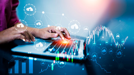 Business working using laptop  on Futuristic virtual screen interface Technology. networks internet...