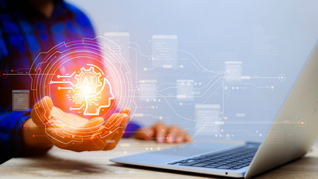 Business people hands holding touching ai icon in global networks. With AI (artificial intelligence)...