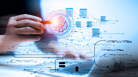 Business people hands holding touching ai icon in global networks. With AI (artificial intelligence)...