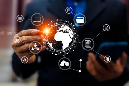 Business people using smart phones, global internet connection Information Technology Networks...