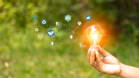 eco friendly energy. Innovation technology eco green concept. Icon bulb energy sources for renewable...