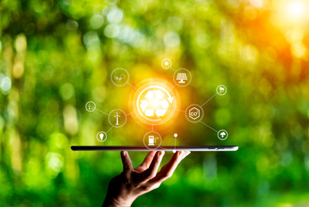 net zero concept. Hand holding tablet with net zero icon. carbon neutral concept. Climate-neutral...