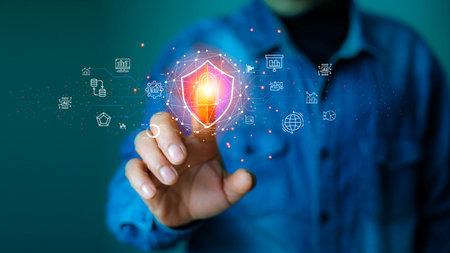 Cyber security Concept, Businessman Hand touching Virtual key shield for unlock the screen with...
