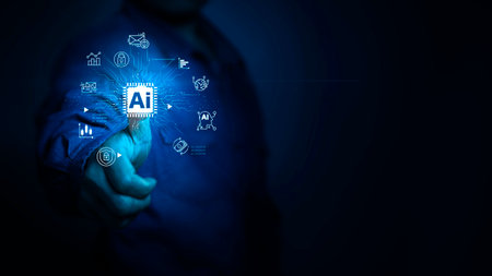 Business people hands holding touching ai icon in global networks. With AI (artificial intelligence)...