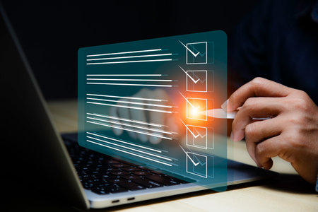 Checklist Online Documentation data Management. Businessman using digital check sheet and checklist...