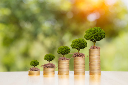 idea growing. Green tree growing on gold coins. Growing power of compound interest. Prosperous stock investment. Savings. Financial graph showing inflation. stock market chart growth investment.の写真素材