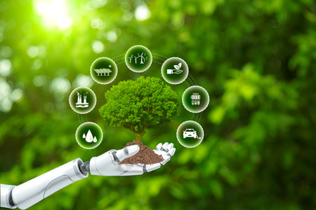 Green Energy Renewable Sustainable. AI machine learning, Green tree growing in robotic hand on green...