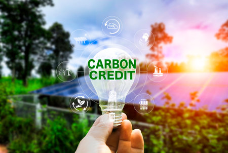 Green Energy Renewable Sustainable. Carbon credit icon in light bulb on green nature and solar...