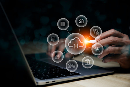 Document Management System (DMS) for Networks web 3.0 on Futuristic virtual screen interface Technology. Software for archiving, searching and managing corporate file information.の写真素材