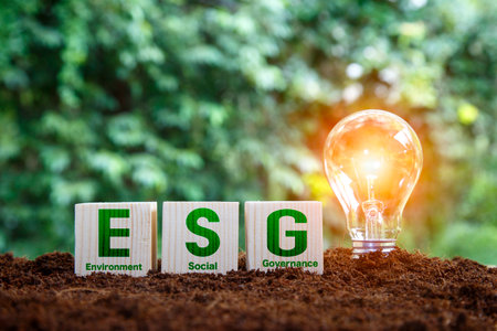 ESG icon in wood on green background. light bulb on green nature background. Carbon Neutral in industry. Net zero emission eco energy. Energy Renewable. Environmental protection, sustainable.の写真素材