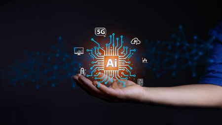 Machine learning data analysis and data management, Businessman holding AI icon global networks....