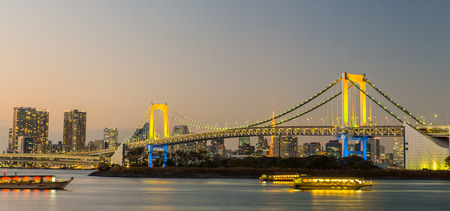 Evening View of Tokyo Skyline, Rainbow Bridge, and Tokyo Towerの写真素材