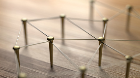 Networking, networking, connect, wire. Linking entities. Network of gold wires on rustic wood. 3D...