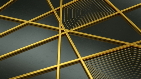 Golden geometric shapes on black background. 3D deco geometric gold. 3D rendering.の写真素材