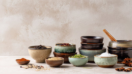 A beautifully arranged selection of assorted spices and herbs in decorative bowls on a neutral surface, ideal for enhancing culinary creations and presentations.の素材