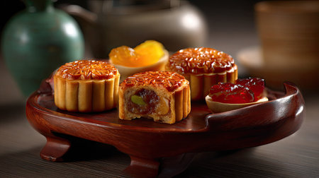 This image features traditional mooncakes arranged elegantly on a wooden platter. A teapot adds to the cultural ambiance, perfect for autumn celebrations.の素材