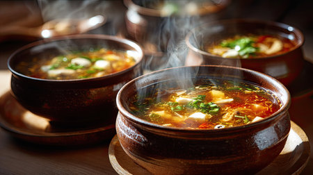 Savor the comforting essence of traditional hot soup served in rustic bowls, with fresh ingredients and steam rising, creating a warm, inviting atmosphere.の素材