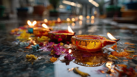 A serene indoor scene showcasing vibrant Diwali lamps illuminating a reflection in water, surrounded by scattered flower petals, evoking a festive spirit.の素材