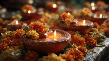 This enchanting image showcases beautifully crafted clay lamps surrounded by vibrant marigold flowers, creating a warm ambiance perfect for festive celebrations.の素材