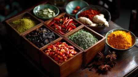 A beautiful display of assorted spices and herbs arranged in wooden boxes, ideal for culinary inspiration, cooking projects, or food photography.の素材