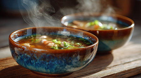 Two steaming bowls of delicious soup sit on a rustic wooden table, filled with fresh herbs and vegetables, exuding warmth and comfort.の素材