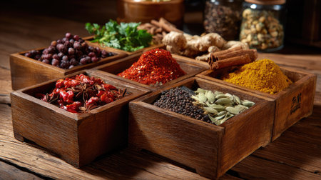 A beautiful arrangement of spices and herbs displayed in rustic wooden containers. The vibrant colors and textures create a captivating culinary aesthetic.の素材
