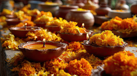A beautiful assembly of clay lamps and marigold flowers, creating a vibrant and warm atmosphere for a traditional Indian festival celebration.の素材