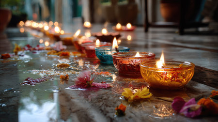 A captivating scene of vibrant, illuminated diyas arranged along a wet surface, surrounded by colorful flower petals. This festive setup evokes warmth and tranquility.の素材