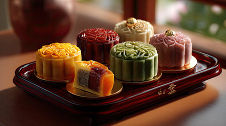 A stunning arrangement of traditional mooncakes on a beautifully crafted wooden tray, showcasing vibrant colors and intricate designs, perfect for festive occasions.の素材