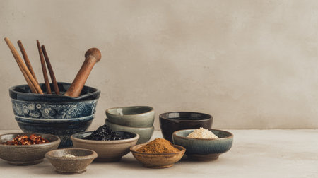 A beautiful arrangement of various spices and seasonings in rustic bowls with a wooden mortar and pestle on a neutral background, perfect for culinary projects.の素材