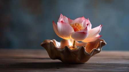 A stunning pink lotus flower elegantly rests in a decorative bowl, radiating warmth and tranquility. The soft lighting enhances its beauty against a rustic wooden table.の素材