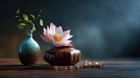 A serene and elegant composition featuring a lotus flower in a stylish pot accompanied by a decorative vase, set against a soft ambient light.の素材