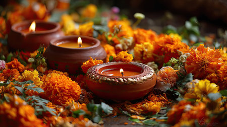 This image showcases traditional clay diyas surrounded by vibrant marigold flowers, symbolizing warmth and celebration in festivals. The arrangement exudes a serene ambiance, perfect for cultural events.の素材