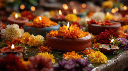 A stunning display of lit diyas surrounded by vibrant flowers, creating a warm and inviting ambiance for a traditional celebration during the festival of lights.の素材