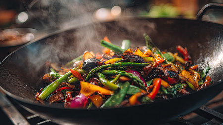 A colorful array of fresh vegetables sizzle in a wok, creating a vibrant and aromatic cooking experience in a bright kitchen setting.の素材