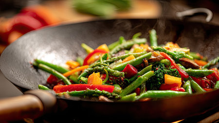 A vibrant and colorful scene of fresh vegetables being stir-fried in a wok. The steam rises, highlighting the fragrant and nutritious ingredients used in a delicious meal preparation. Perfect for cooking enthusiasts and food lovers.の素材