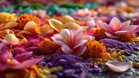 A stunning close-up view showcasing an array of colorful flower petals and blossoms, creating a vibrant and artistic display on a textured surface.の素材