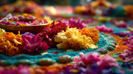 Stunning close-up of a floral rangoli design featuring a variety of colorful petals arranged artistically. Perfect for celebrating festivals and cultural events.の素材