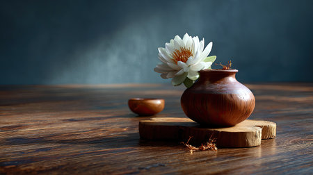 A tranquil composition featuring a lotus flower in a terracotta pot resting on a rustic wooden surface, creating a serene aesthetic perfect for home decor.の素材