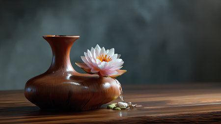 A tranquil scene featuring a handcrafted clay vase with a delicate water lily, embodying elegance and simplicity in natural light.の素材