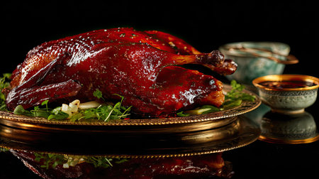 A beautifully arranged roast duck on an ornate platter surrounded by fresh herbs and a rich sauce, perfect for a gourmet dining experience.の素材
