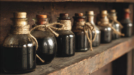 Discover a collection of vintage glass bottles filled with rich dark liquid, elegantly displayed on a rustic wooden shelf, perfect for home dの素材