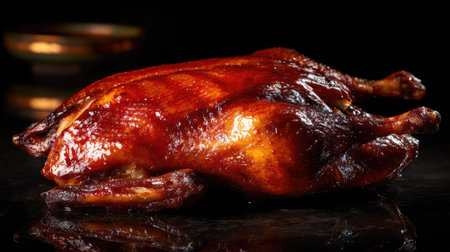A beautifully roasted duck shines with a rich glaze and crispy skin, perfect for gourmet presentations at celebrations or special dinners.の素材