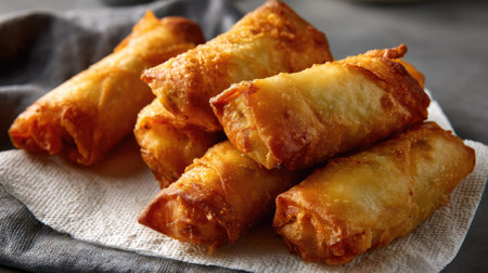 Indulge in these crispy golden spring rolls, perfectly fried to a crunchy finish. Ideal for parties or casual dining, they offer a delightful savory experience.の素材