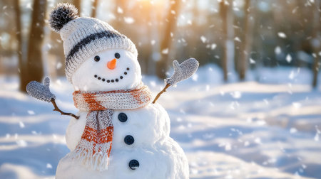 This delightful snowman stands proudly in a beautiful winter setting, adorned with a cozy scarf and a cheerful smile. Soft snowflakes gently fall around, creating a magical atmosphere perfect for capturing the joy of the season.の素材