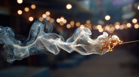 A mesmerizing image capturing the beauty of a sparkler emitting wispy smoke, set against a softly lit background filled with bokeh lights, perfect for evoking festive moments.の素材