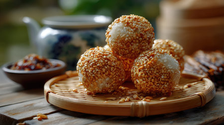 Indulge in these delectable sesame balls, perfectly golden and crunchy, presented on a bamboo tray with tea and accompanying sauces to enhance the flavor.の素材
