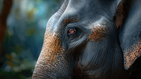 This striking close-up portrait captures the essence of a majestic elephant, highlighting its deep, expressive eye and intricate textures in its skin, set within a lush natural habitat.の素材